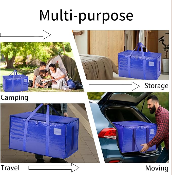 4 Pack-Extra Large Heavy Duty Moving Bags - Waterproof Storage Totes with Handles & Zippers, Foldable for College Dorm, Storage (Blue)
