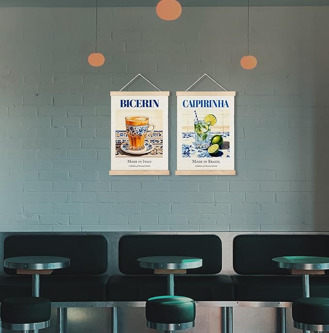 Yomisex Italy Bicerin Brazil Caipirinha Wall Art Poster, Traditional Italian and Brazilian Beverage on Maiolica Tiles Canvas Prints Wall Art Framed for Kitchen Bar Decor, 12x16 Inch Set of 2