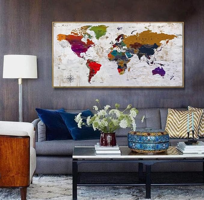 Framed Wall Art World Map Wall Art Canvas Picture 30inx60in Large Antiqued Map of The World Canvas Painting Artwork Prints for Office Wall Decor Home Living Room Decorations Framed Ready to Hang