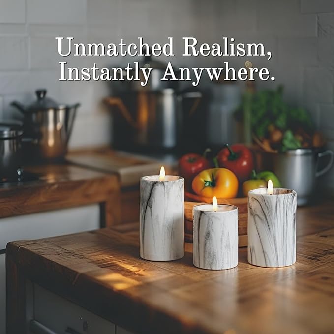 VENTA Marble Flameless Pillar Candles, Set of 3 (4" 5" 6") | Realistic Flickering LED Candles with Remote & Timer | Elegant Decor for Modern, Farmhouse & Chic Interiors