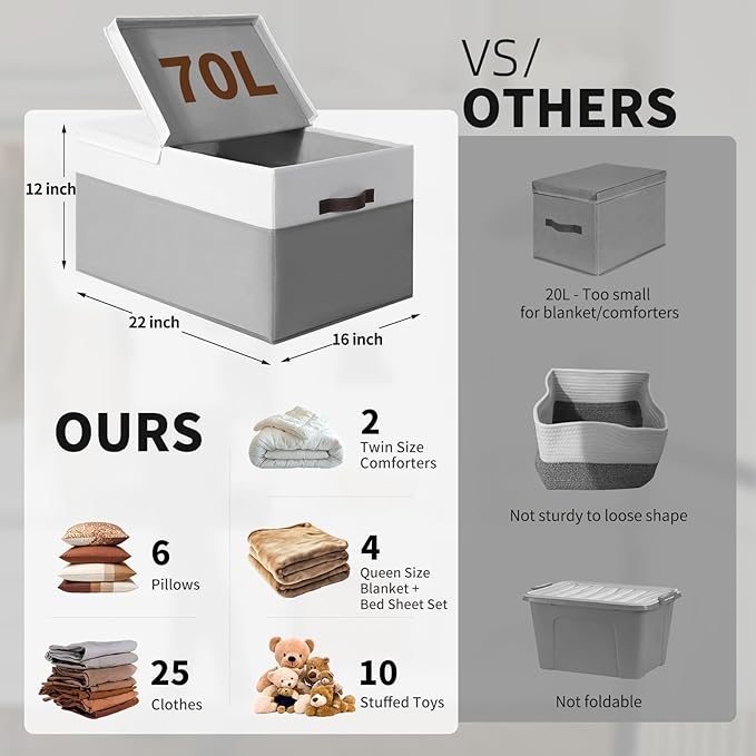 2 Pack EXTRA LARGE Blanket Storage Baskets with Lids, 22”x16”x12” Closet Organizers Bins for Clothes Towel/ Storage Box with Lid Handles/ Stackable Decorative Fabric Bins for Living Room, Nursery