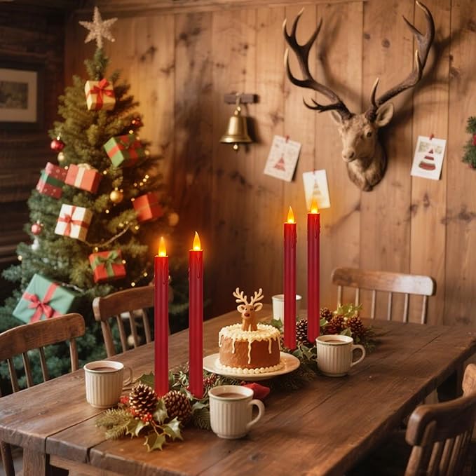 24 Pcs Flameless Taper Candles with Remote, 10" Burgundy Battery Operated Led Candlesticks with Flickering 3D Flame, Fake Taper Candles for Christmas Thanksgiving Wedding Home Décor