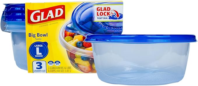 Glad GladWare Big Bowl Food Storage Containers, Large Round Bowl Holds 48 Ounces of Food Food Storage Containers for Everyday Use to Preserve Freshness, 3 Count