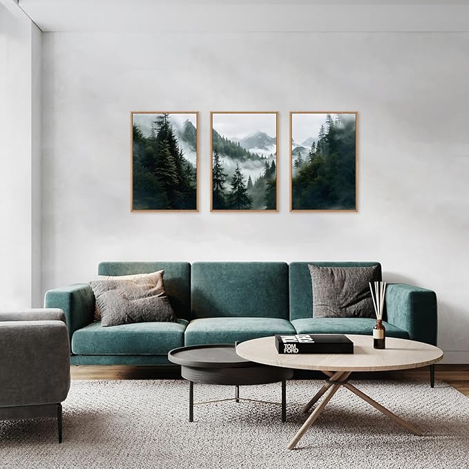 HOURIA Natural Sage Green Forest Mountain Framed Canvas Wall Art Set,Foggy Woodland Ridge Wall Decor,Misty Pine Tree Artwork,Boho Botanical Art Prints for Living Room, Bedroom, Farmhouse-24 x36 x3