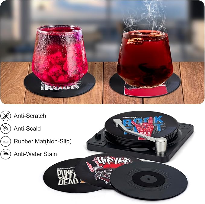 Valdivia Funny Retro Vinyl Record Coasters with Player, 6PCS Rock Coasters for Drinks, Cool Home Decor for Housewarming Gifts, Music Lovers Gifts, Birthday Gifts for Men and White Elephant Gifts Ideas