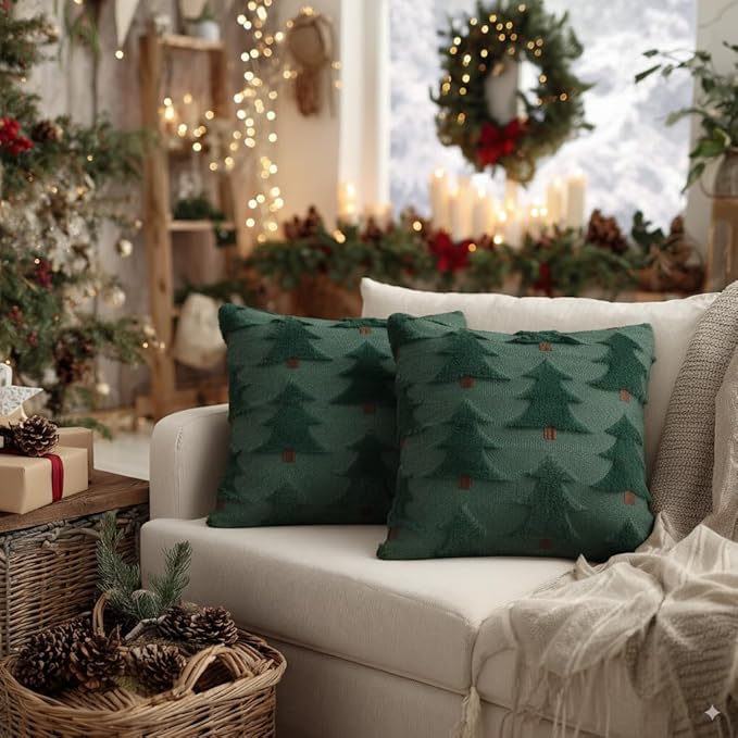 GEEORY Christmas Pillow Covers 18x18 Inch Set of 2, Christmas Decorations Xmas Tree Soft Plush Fluffy Faux Fur Decorative Throw Pillows Rustic Winter Decor Cushion Case Green Brown GC033-18
