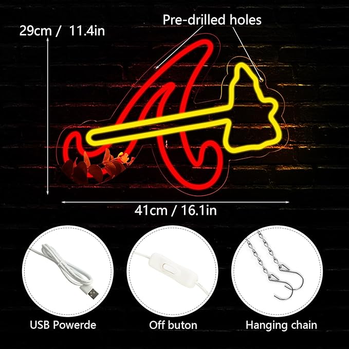 Balanar Braves Neon Signs For Wall Decor ,Baseball Team Neon Light for Bedroom Man Cave Party Bar Background Decoration,Neon for Parties, Bars, Dorms, Office Wall Art and Game Room Decor16.1*11.4 inch