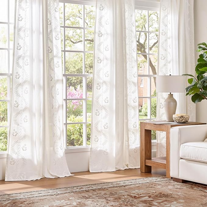 jinchan Belrose Linen Curtains for Bedroom Floral Curtains 84 Inch Length Linen Blend White Embroidered Drapes Farmhouse Flower Patterned Drapes for Living Room Window Treatments Set 2 Panels