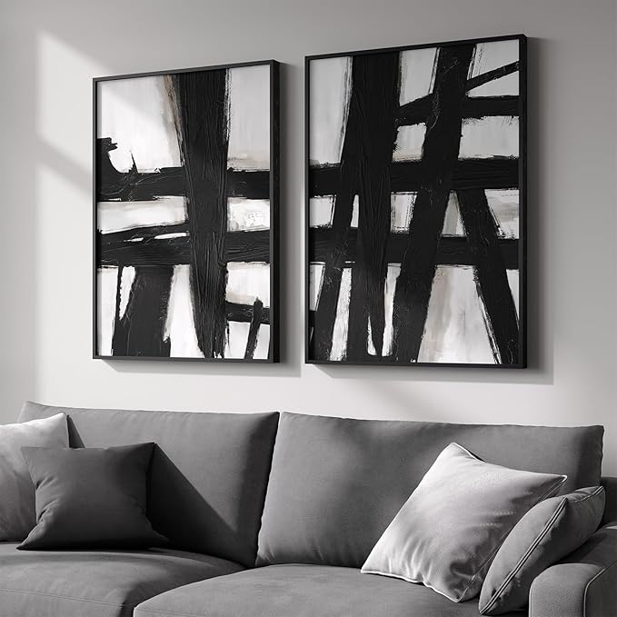 Framed Black and White Abstract Wall Art, 2 Piece Modern Canvas Prints Paintings Artwork for Walls, Minimalist Black Lines Pictures for Living Room Fireplace Dining Room Bedroom Wall Decor 16x24 In