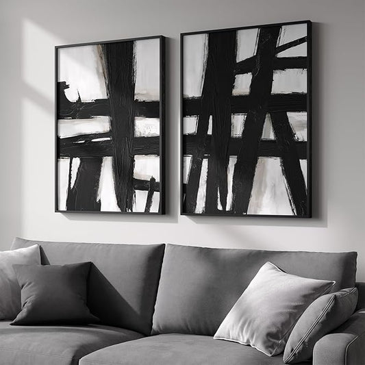 Framed Black and White Abstract Wall Art, 2 Piece Modern Canvas Prints Paintings Artwork for Walls, Minimalist Black Lines Pictures for Living Room Fireplace Dining Room Bedroom Wall Decor 16x24 In