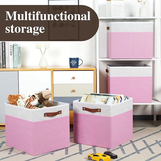 Temary Foldable Cube Baskets 4Pack - Clothes Shelf Storage with Handles, Fabric Storage Organizer Bins (White&Pink, 13x15x13 Inch)