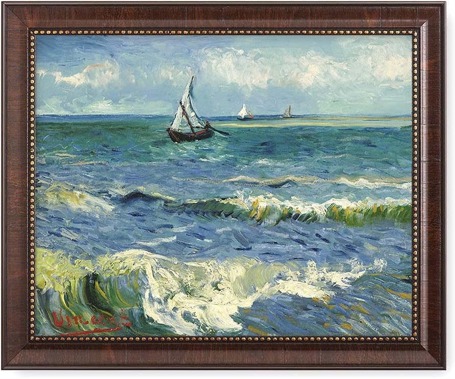 DECORARTS - The Sea at Les Saintes-Maries-de-la-Mer - Vincent Van Gogh Giclee Prints w/Antique Brown Frame for Wall Decor. Picture Size: 20x16, Total Size w/Frame: 23x19