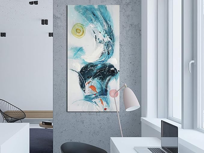 Ardemy Abstract Wall Art Canvas Modern Textured Teal White for Living Room Painting, Wall Art for Living Room Picture Bedroom Large Artwork Framed Home Office Kitchen Bathroom Wall Decor, 40"x20"