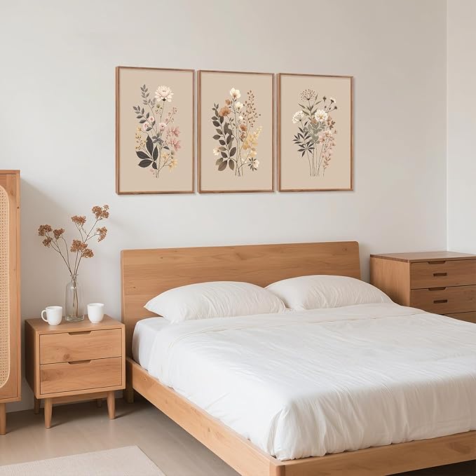 CHDITB Botanical Flower Framed Canvas Wall Art Set, Nature Wildflower Wall Decor, Boho Floral Art Antique Wall Painting, Vintage Dining Room Art Prints for Living Room, Bedroom, Office 24"x36"x3