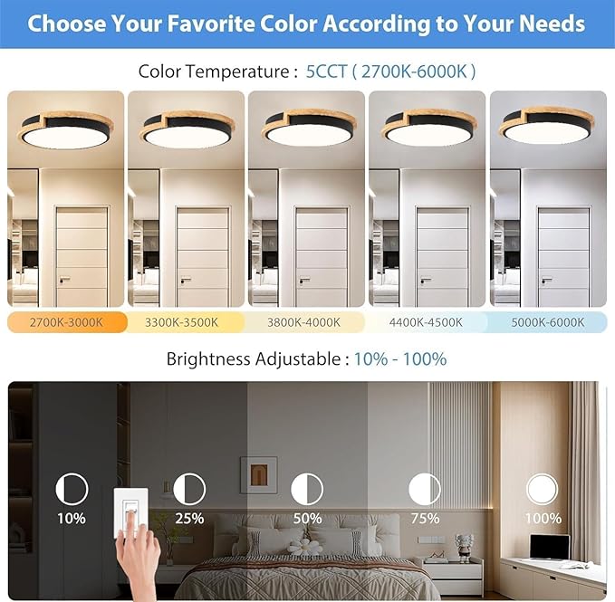 Dimmable Wood LED Flush Mount Ceiling Lights, 5CCT 2700K-6000K Black Hallway Lighting Fixtures, Minimalist Circular Ceiling Lamp for Bedroom Laundry Room Kitchen Entryway