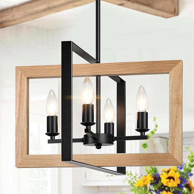 17" Farmhouse Natural Wood Chandelier, (4-Light, 17-Inch), Rustic Dining Room Light Fixtures Over Table, Adjustable Hanging Light Fixture for Kitchen, Living Room, Foyer, Entryway