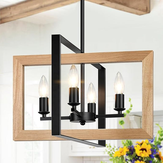 17" Farmhouse Natural Wood Chandelier, (4-Light, 17-Inch), Rustic Dining Room Light Fixtures Over Table, Adjustable Hanging Light Fixture for Kitchen, Living Room, Foyer, Entryway