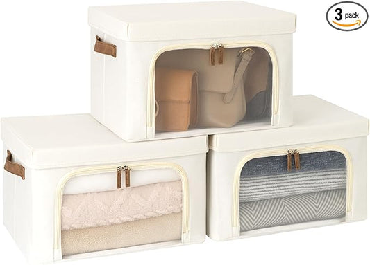 StorageWorks Storage Bins with Lids, Decorative Boxes with Clear Window for Clothes, Fabric Collapsible Baskets for Closet Organization, Medium, Beige, 3 Packs
