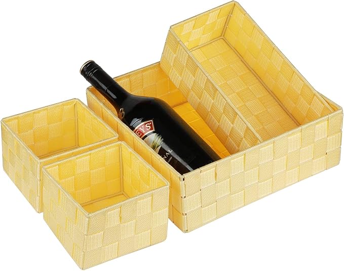 Posprica Woven Storage Baskets for Organizing, Small Black Baskets Cube Bin Container Tote Organizer Divider for Drawer, Closet, Shelf, Dresser, Set of 4(Yellow)