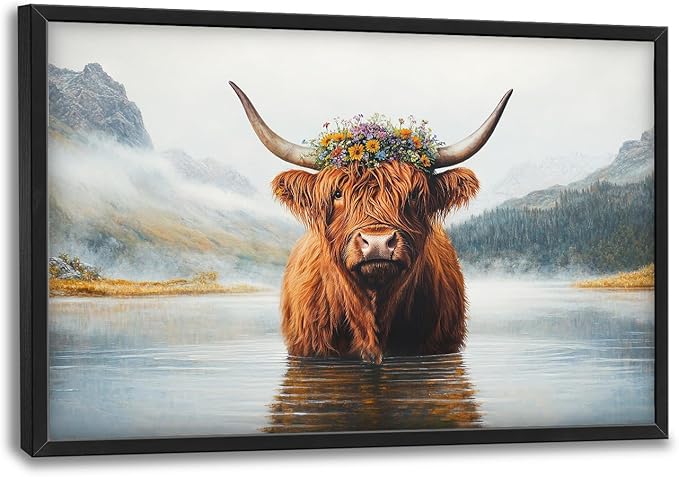 Framed Large Wall Art for Living Room, Highland Cow Canvas Wall Decor, Large Mountain Animal Pictures Framed Painting, Natural Landscape Artwork for Bedroom Office Home Decor 36L'' × 24W''