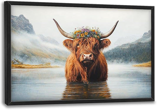 Framed Large Wall Art for Living Room, Highland Cow Canvas Wall Decor, Large Mountain Animal Pictures Framed Painting, Natural Landscape Artwork for Bedroom Office Home Decor 36L'' × 24W''