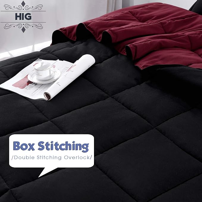 HIG 3pc Down Alternative Comforter Set - All Season Reversible Comforter with Sham - Quilted Duvet Insert with Corner Tabs - Box Stitched - Super Soft, Fluffy (Twin/Twin XL, Black)