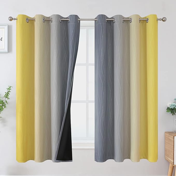 Ombre Gray and Yellow Blackout Curtains 63 Inch Length 2 panels, Full Room Darkening Curtains for Kids Room, Grommet Thermal Insulated Gradient Drapes, Light Blocking Curtains for Bedroom, 52x63 Inch