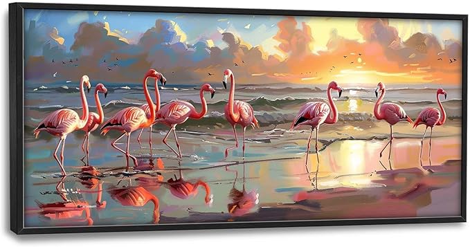 Flamingo Large Wall Art Coastal Beach Sunrise Pictures Wall Decor Seascape Canvas Print Painting Artwork for Bathroom Living Room Bedroom 60L"x30W"