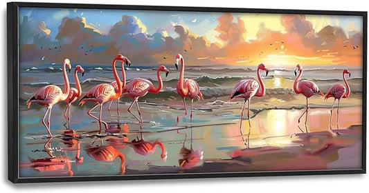 Flamingo Large Wall Art Coastal Beach Sunrise Pictures Wall Decor Seascape Canvas Print Painting Artwork for Bathroom Living Room Bedroom 60L"x30W"