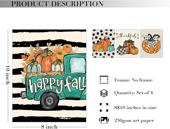 JXREQ Fall Decor Pumpkin Wall Art Decor, Rustic Farmhouse Truck Pumpkins Retro Fall Wall Decor Prints, Thankful Wall Decor for Harvest Thanksgiving Kitchen Bedroom Living Room, 8x10 Inch 4Pcs
