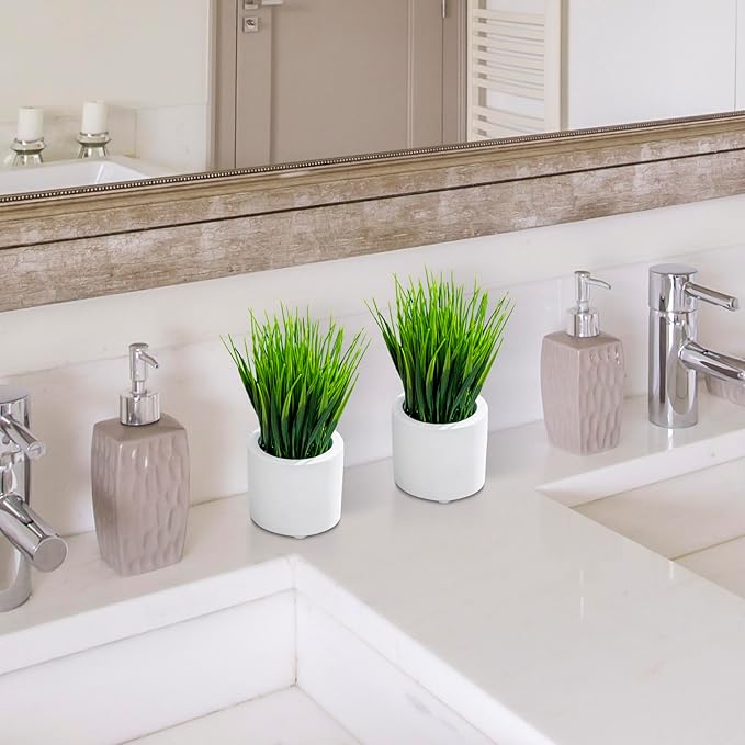 MyGift Artificial Grass Plants in Modern Cylindrical White Cement Pots, Decorative Faux Greenery Plant in Tabletop Planter, Set of 2