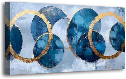 Abstract Pictures Canvas Wall Art for Living room Office Bedroom Wall Decor, Ring Wall Art Print Paintings Modern Blue Golden Abstraction Artwork Waterproof Ready to Hang-20x40inch