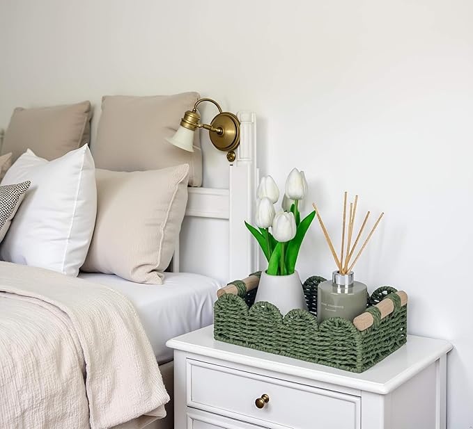 CubesLand Scalloped Edge Decor Baskets for Home, Living Room, Toilet Paper Storage Basket for Over Toilet Shelf, End Table,Shelves and More, Small Paper Rope Baskets Both Storage&Decor, Set 2 Green