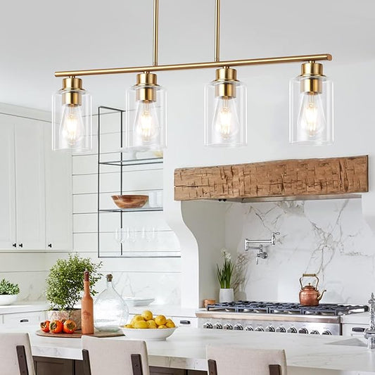 Kitchen Island Light, 4-Light Pendant Lighting, Farmhouse Industrial Dining Room Light Fixtures for Kitchen Island Dining Living Room, Brushed Gold with Clear Glass Shade