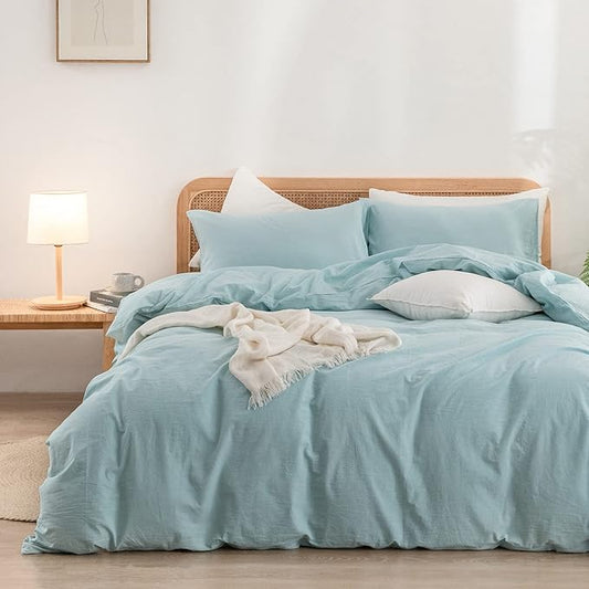 BESTOUCH Duvet Cover Set 100% Washed Cotton Linen Feel Super Soft Comfortable Chic Lightweight 3 PCs Home Bedding Set Solid Hushed Green King