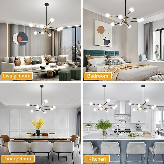 8-Light Modern Chandelier Sputnik Light, Entryway Chandelier Dining Room Lights Over Table, Black and Gold Foyer Lighting Chandeliers for Bedroom Living Room Light
