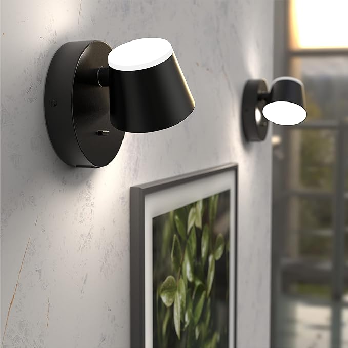 URSOLA Wall Light Set of Two, LED Wall Sconce with On/Off Switch USB Charging Port 110 Volt Hardwired Wall Lamp 350 Rotatable Up Down Sconces Wall Lighting (Black)