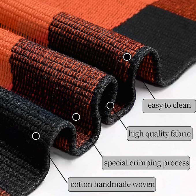 SEEKSEE Cotton Buffalo Plaid Rug 27.5"x43" Orange and Black Checked Rug Washable Doormats Indoor Outdoor Rugs for Layered Front Door Mats, Porch, Kitchen, Farmhouse, Entryway