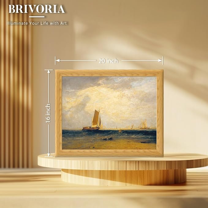 Brivoria Framed Canvas Wall Art Vintage Decor, Romantic Seascape with Sailing Ship Golden Light Ocean View and Coastal Sky for Living Room Statement Wall or Nautical Gallery Display, 16"x20"