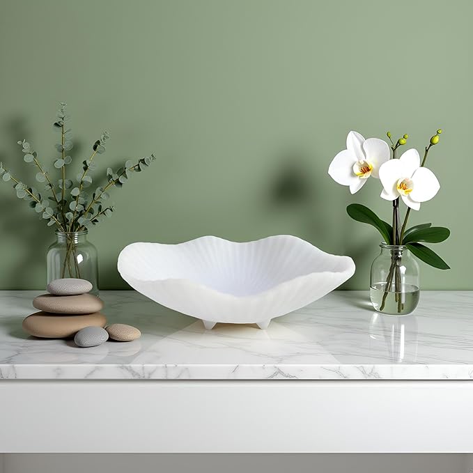 Large Decorative Bowl decor, Scalloped Pedestal Bowls,Modern Home Decor,Ruffle Decor,Stylish Key Bowl for Entry Table,Decorative Fruit Bowl for Kitchen Counter, Artificial Stone Milky white