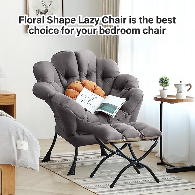 Lazy Chair with Ottoman, Modern Floral Reading Chair with Folding Footrest, Lounge Accent Chairs, Comfortable Oversized Armchairs for Bedroom, Living Room, Courtyard, Dark Grey
