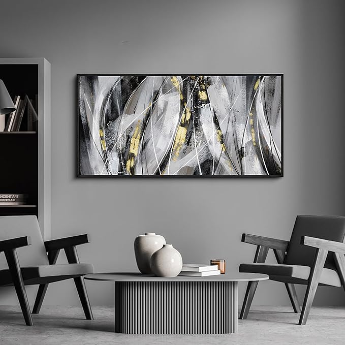 KLAKLA Abstract Frame Wall Art - Black and White Picture for Living Room Black and Gold Framed Artwork Canvas Art Work for Office Home Decor Bedroom Wall Decoration - 40x20 Inches