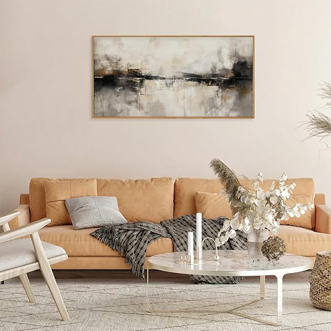 HOURIA Large Neutral Black Brown Framed Canvas Wall Art Set,Abstract Gray Wall Decor,Minimalist Beige Wall Painting,Modern Illustrations Tan Art Print for Living Room, Bedroom, Office- 20"x40"x1