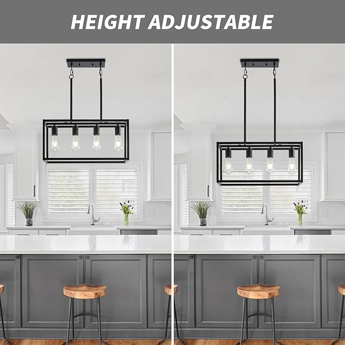 Dining Room Light Fixture 4 Light Black Farmhouse Chandelier Modern Kitchen Island Pendant Lighting Rectangular Hanging Lights for Kitchen Dining Room Adjustable Height Metal E26 Base