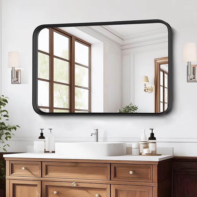 Bathroom Mirror 30x22 Inch Black Metal Framed Rounded Rectangle Vanity Mirror for Wall, Over Sink, Farmhouse, Restroom, Anti-Rust, Modern Decorative, Horizontal or Vertical Hanging