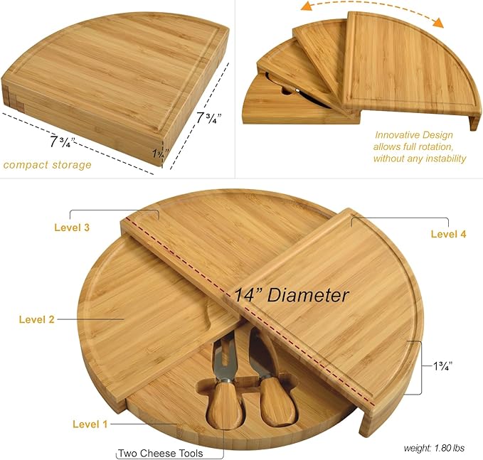 Picnic at Ascot Bamboo Board for Appetizers with Cheese Tools - Stores as a Space Saving Wedge - Opens to 13" Diameter – Designed by Picnic at Ascot - USA Patented & Quality Assured