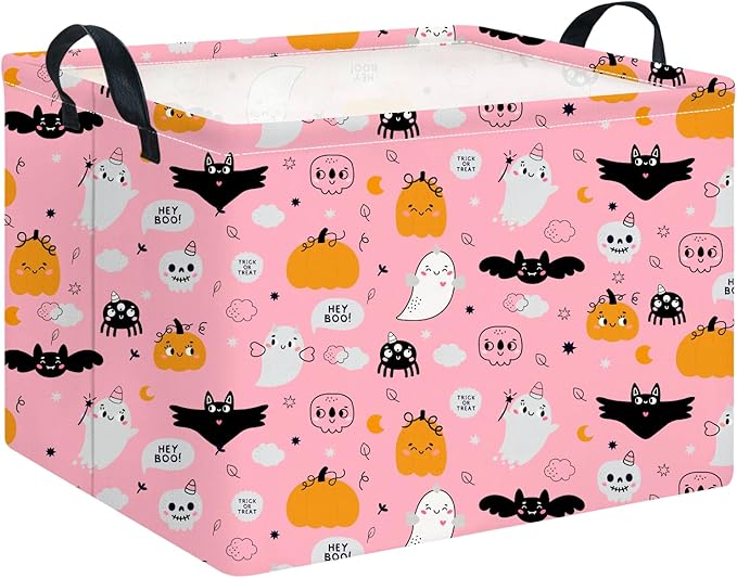 CLOCOR Rectangular Storage Basket Empty,Gift Basket for Halloween,Waterproof Storage Bin with Handles,Room Decor(Pink Ghost)