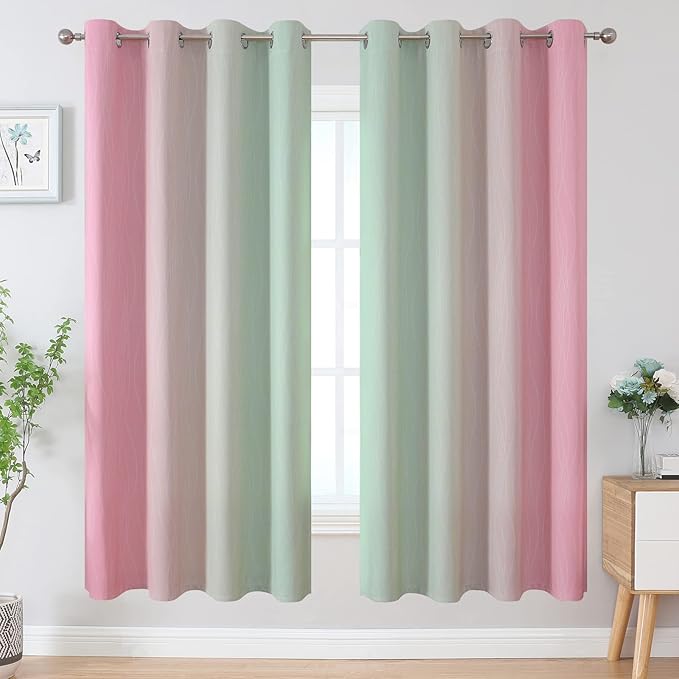 Estelar Textiler Ombre Sage Green and Pink Blackout Curtains for Living Room, Thermal Insulated Full Room Darkening Grommet Gradient Blackout Drapes for Bedroom, 52Wx72L, One Pair