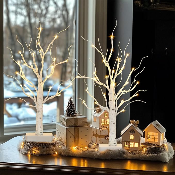 Vanthylit 2 Pcs Lighted Birch Tree Battery Powered Tabletop Tree Decorations for Home Fireplace Party Christmas Decorations (22 Inch)