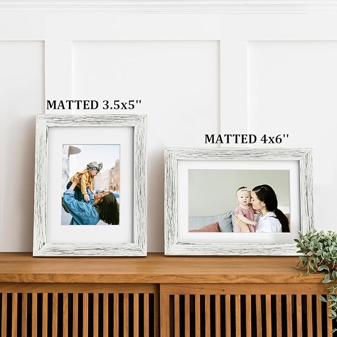 Egofine 5x7 Picture Frames Set of 4, Made of Solid Wood Covered by Plexiglass 3.5x5 and 4x6 with Mat or 5x7 without Mat, for Table Top Display and Wall Mounting Photo Frame Driftwood White
